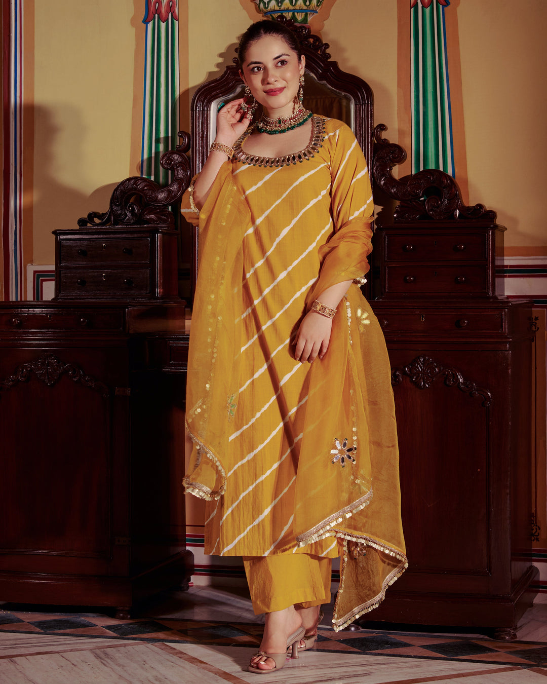 Rishi Yellow Leheriya Cotton Suit Set