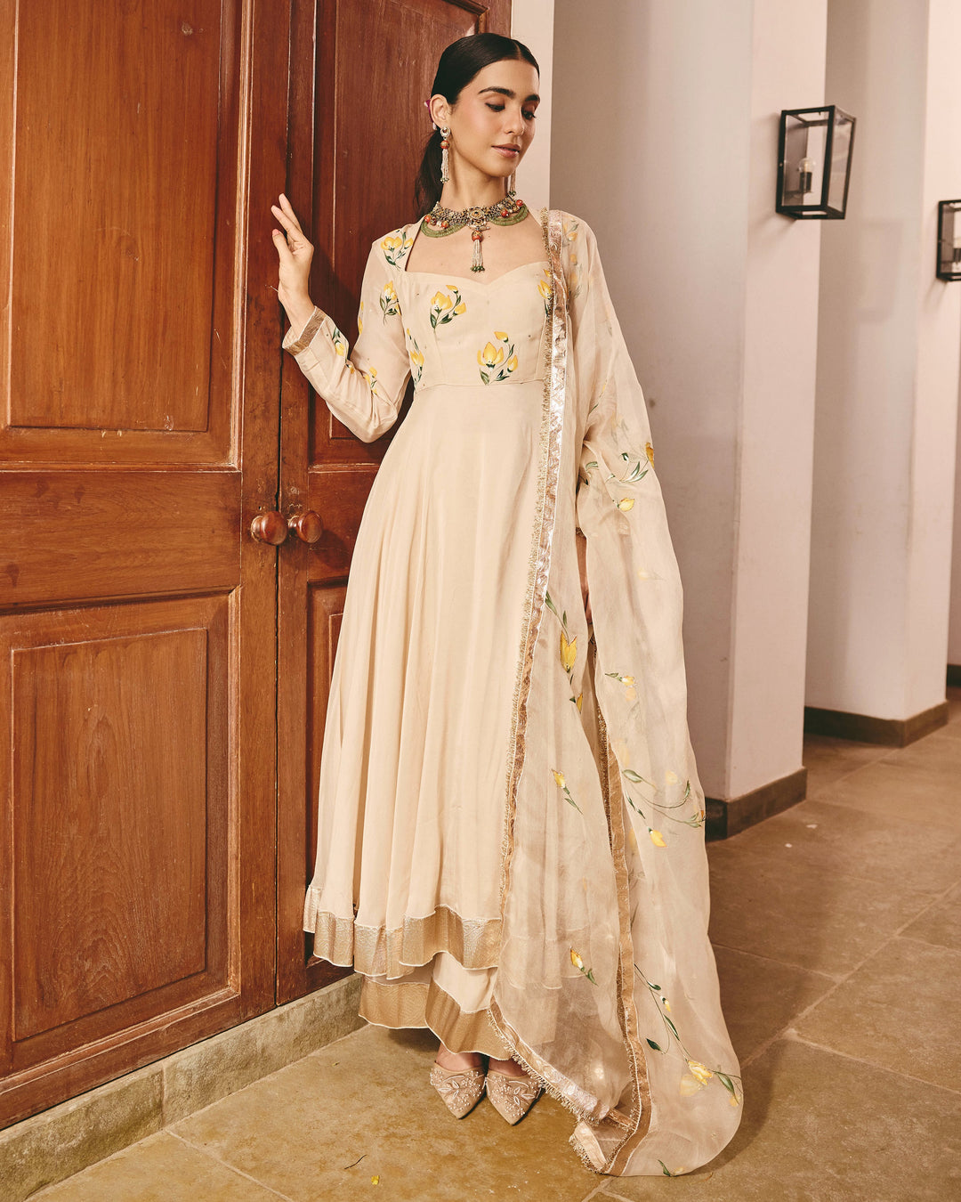 Ayzel Beige Handpainted Viscose Organza Suit Set