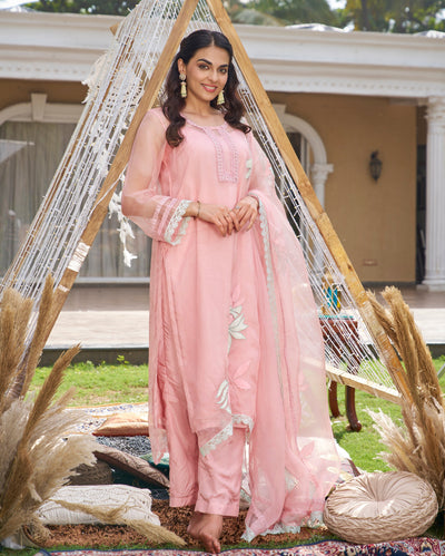 Disha Pink Applique Organza Dupatta
