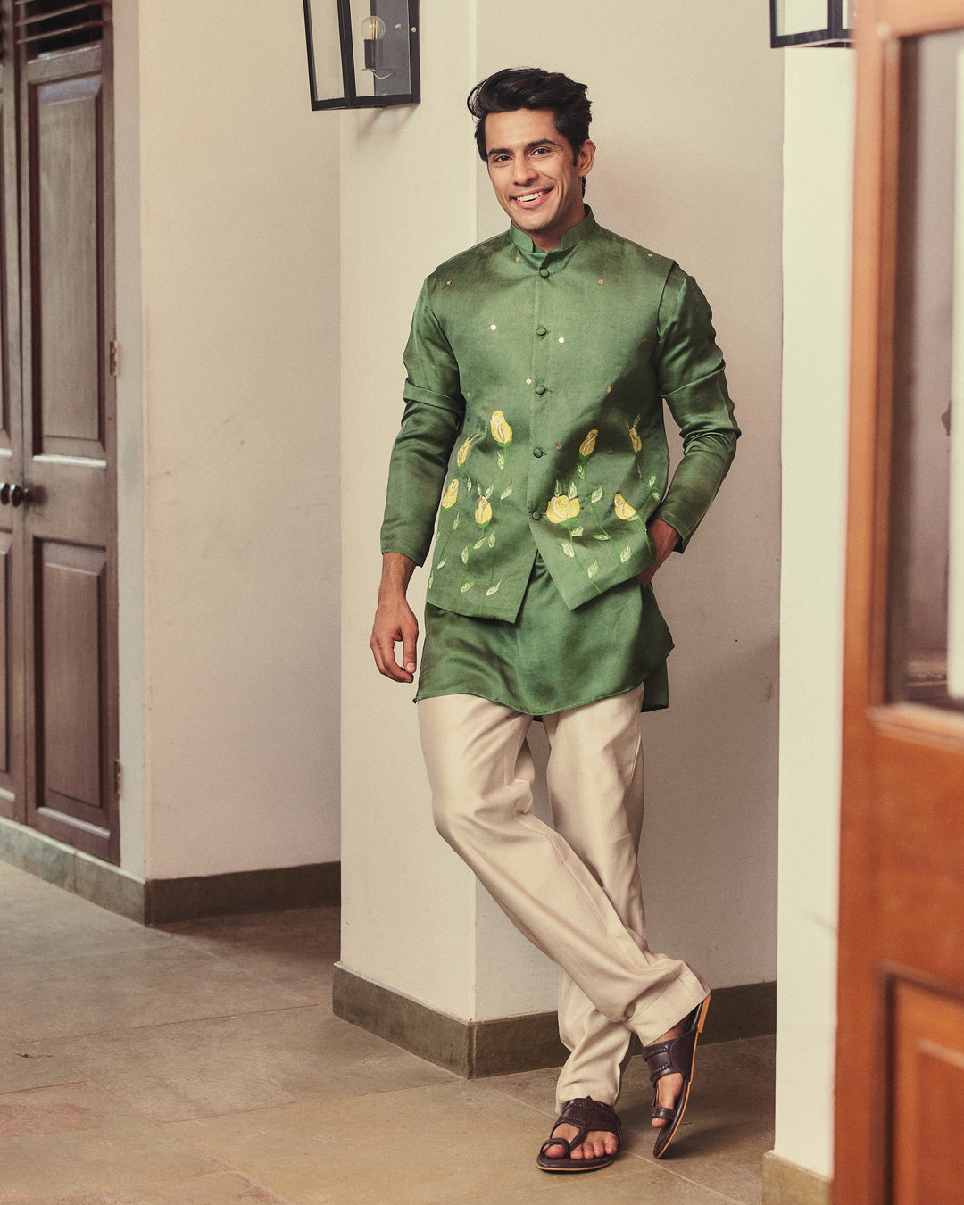 Aadvik Olive Handpainted Silk Jacket And Kurta Set