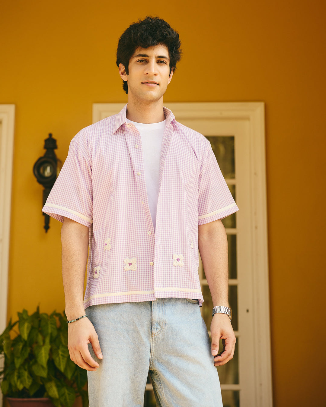 Kael Purple Embroidered Cotton Checks Printed Shirt