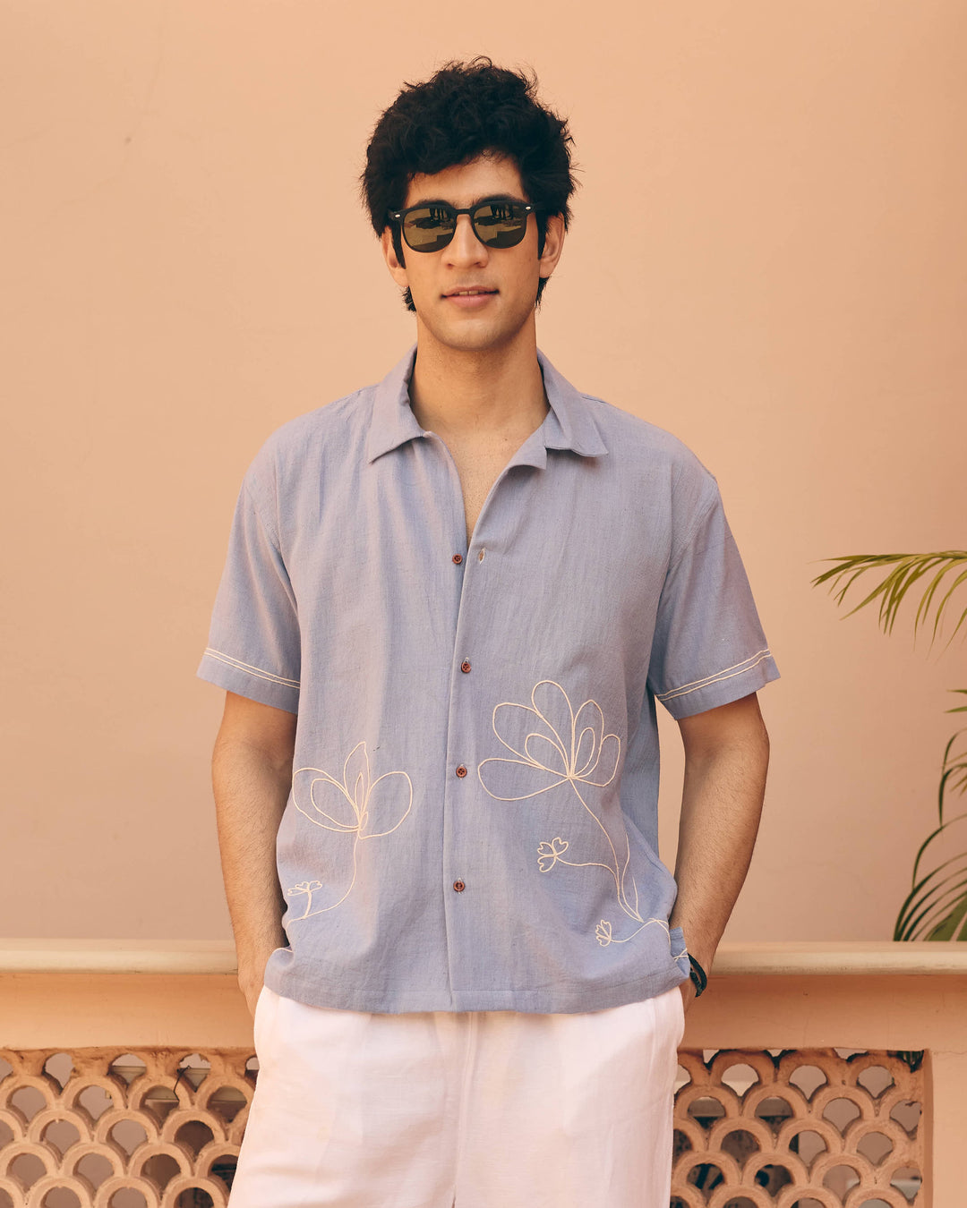 Rilo Blue Cotton Flex Embroidered Shirt