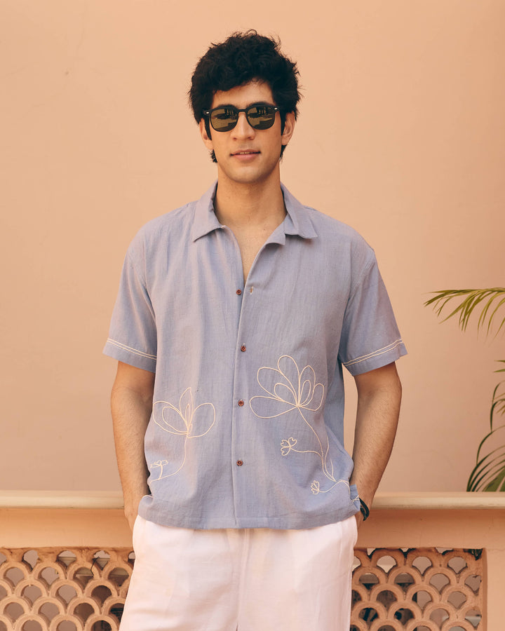 Rilo Blue Cotton Flex Embroidered Shirt
