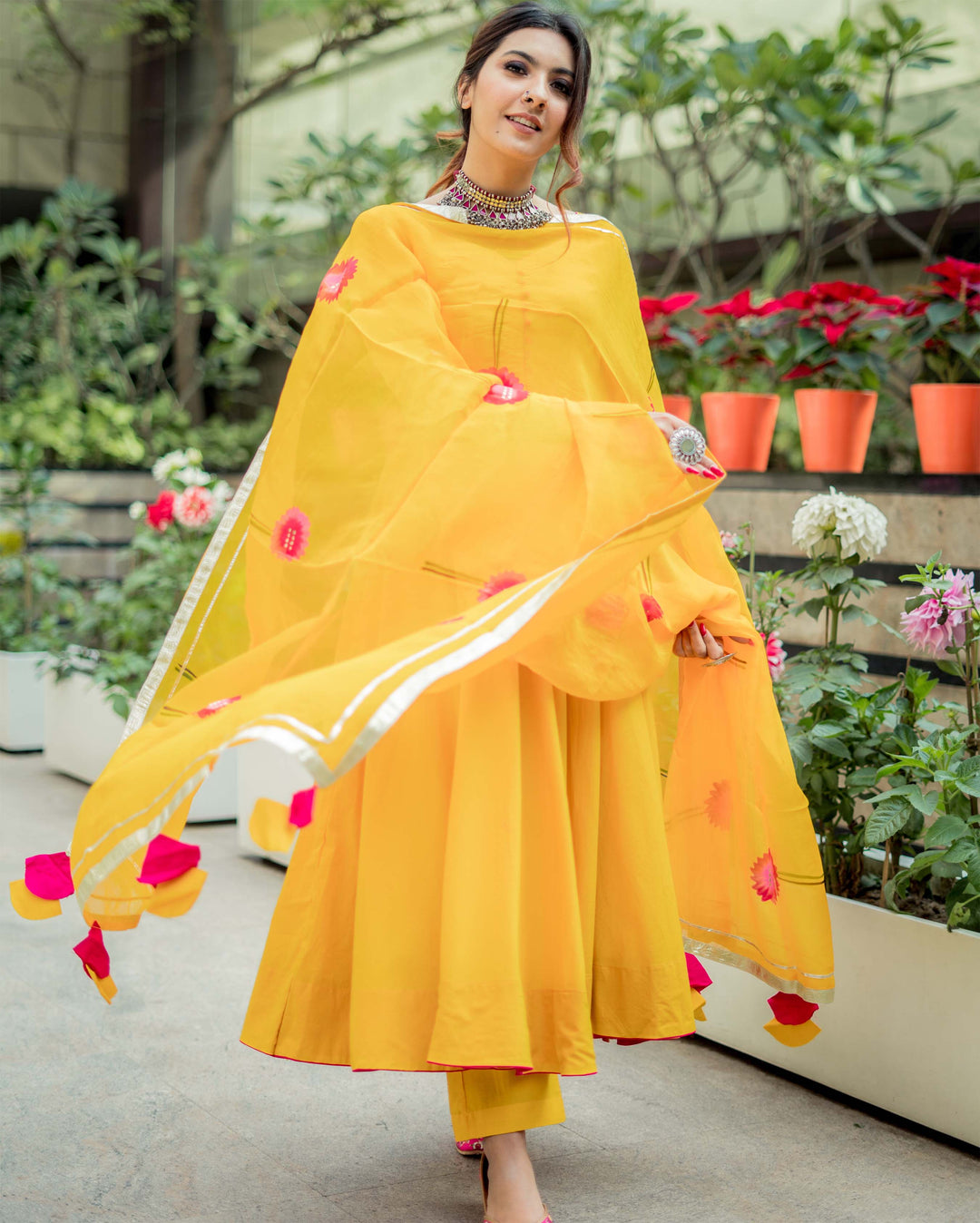 Buy Yellow Organza Handpainted Suit Set online in India at Best