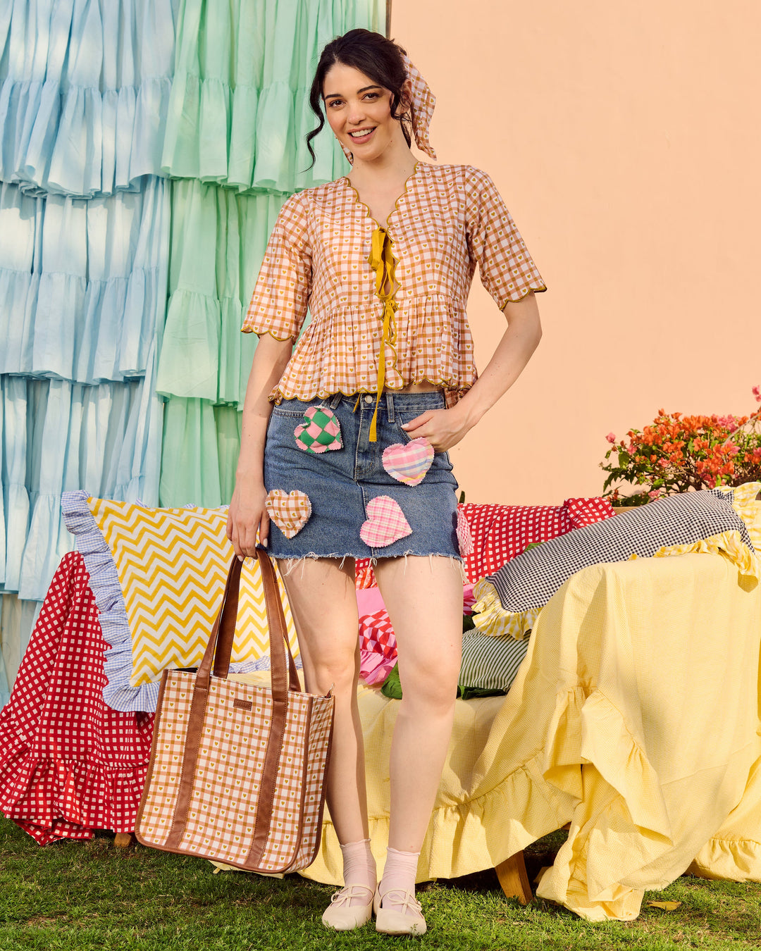 Ante Brown Cotton Checks Printed Top