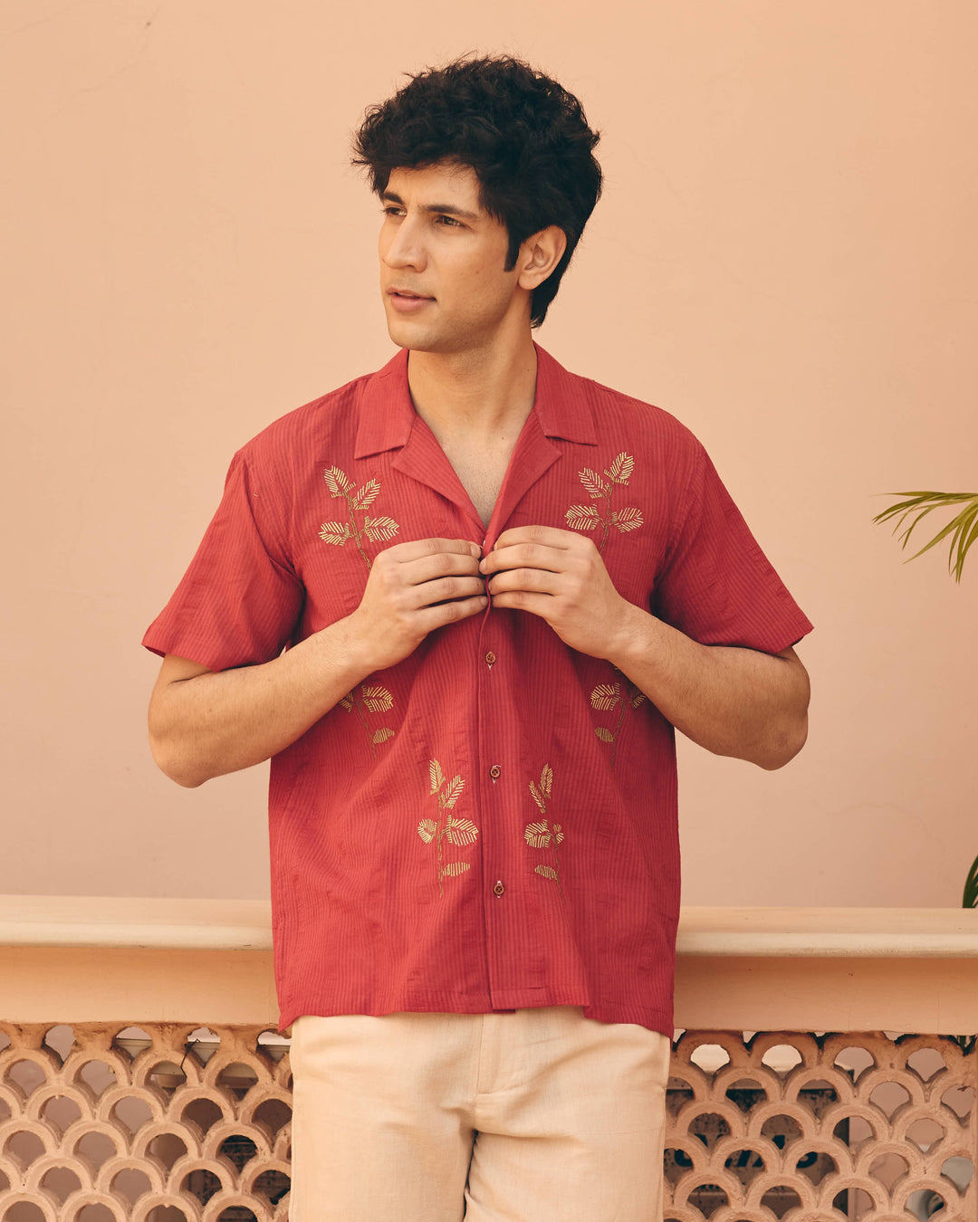 Rivo Maroon Cotton Dobby Embroidered Shirt