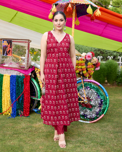 Gulaal Maroon Bandhani Cotton Kurta Set