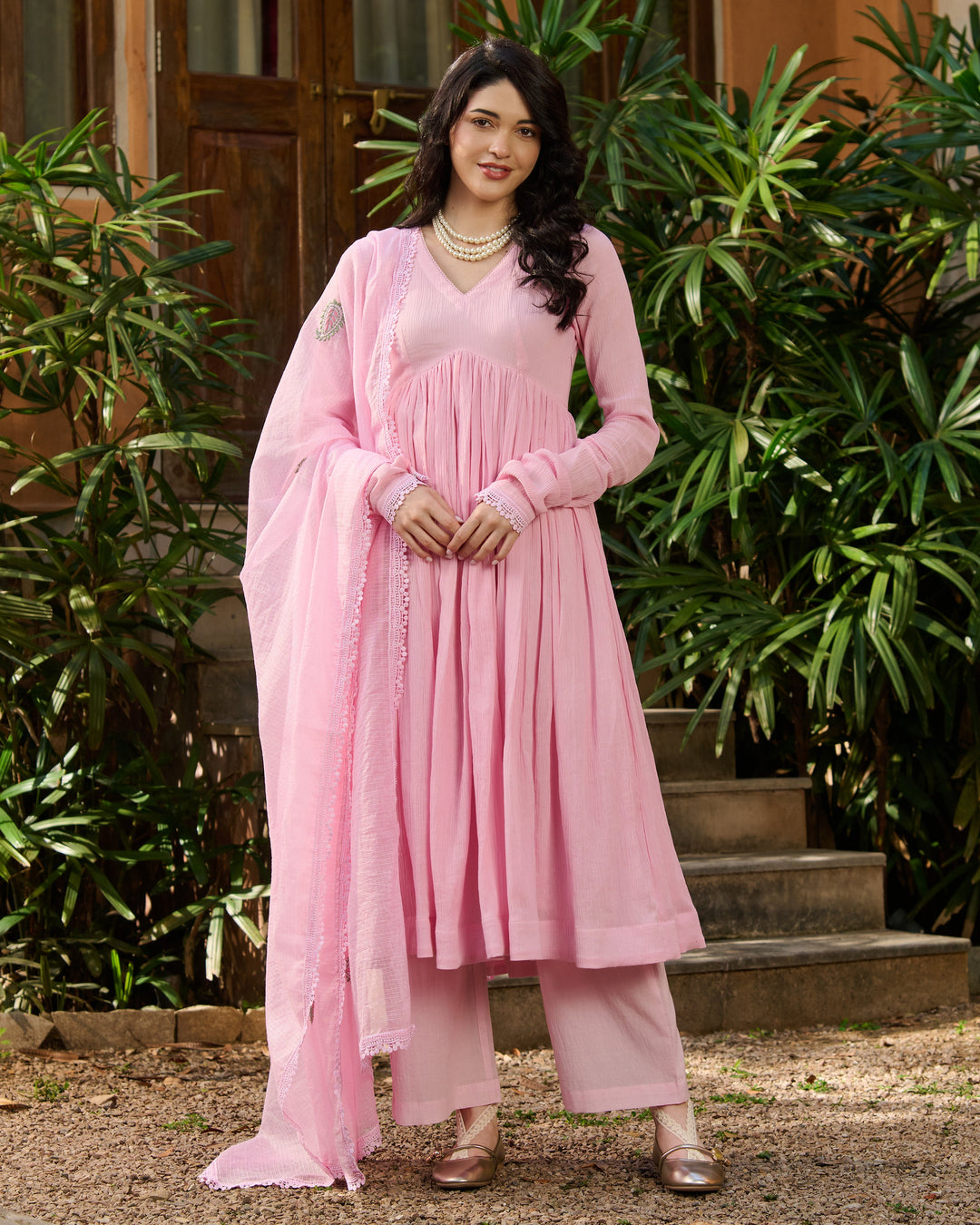 Pero Light Pink Embroidered Cotton Crush Suit Set