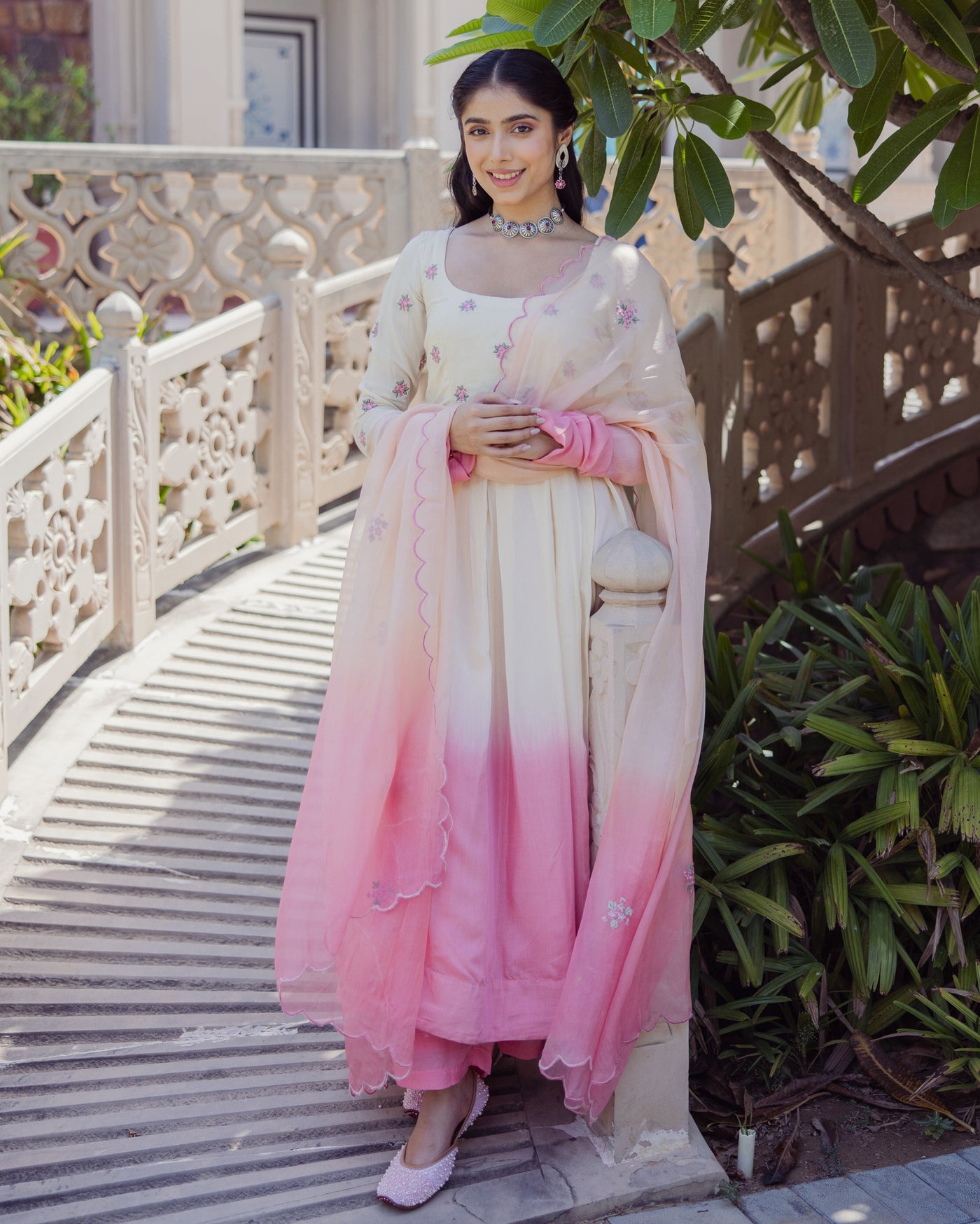 Giggly Rose Pink Ombre Embroidered Muslin Suit Set