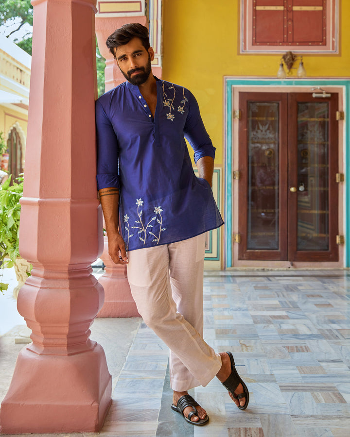 Krish Blue Embroidered Chanderi Kurta