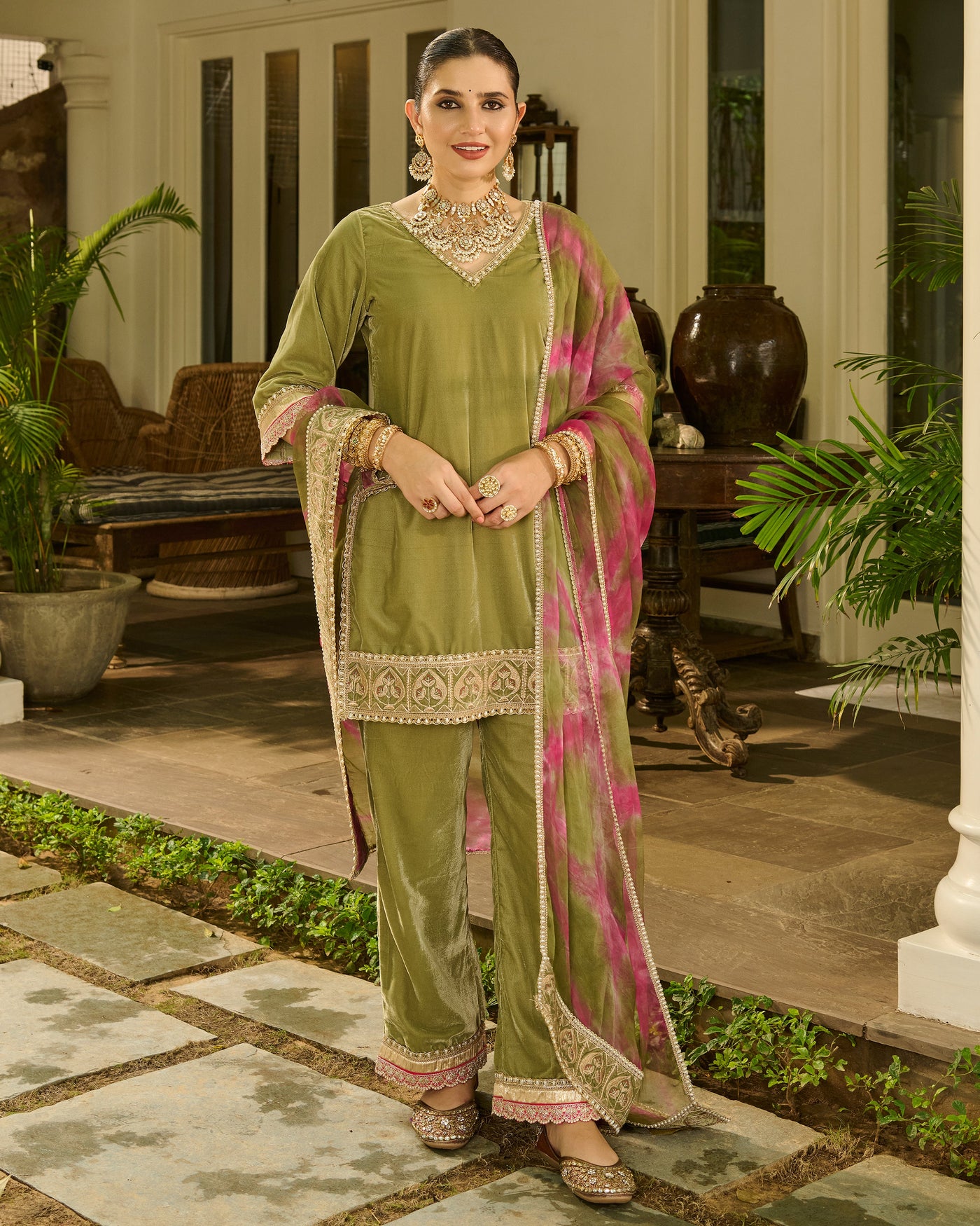 Aja Sage Green Embroidered Velvet Suit Set