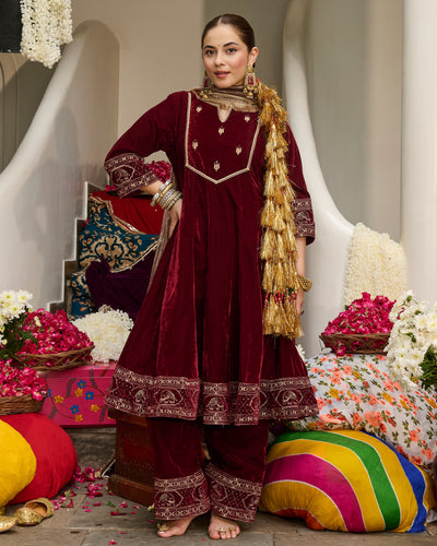 Ivaan Maroon Embroidered Velvet Suit Set