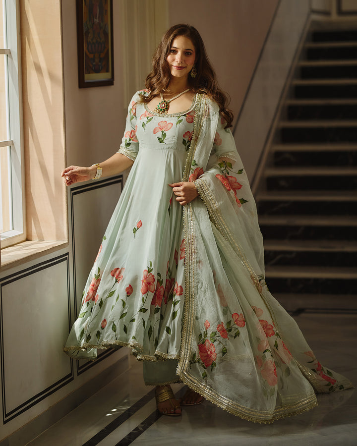 Varaz Blue Handpainted Viscose Organza Suit Set