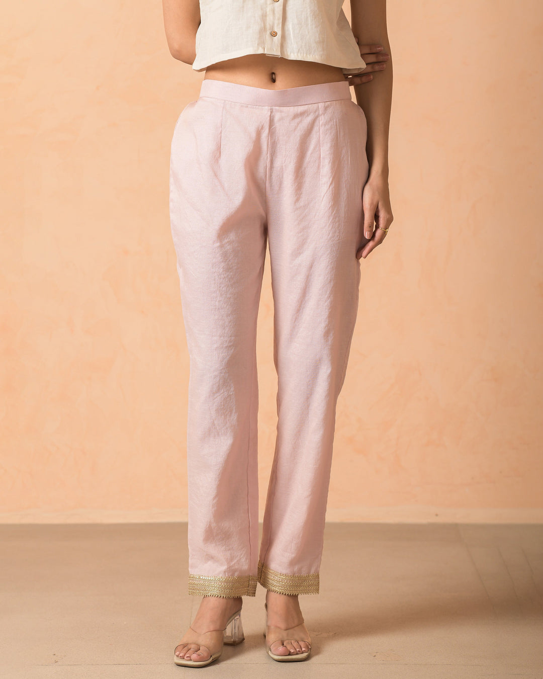 Arovi Pink Chanderi Solid Straight Pants