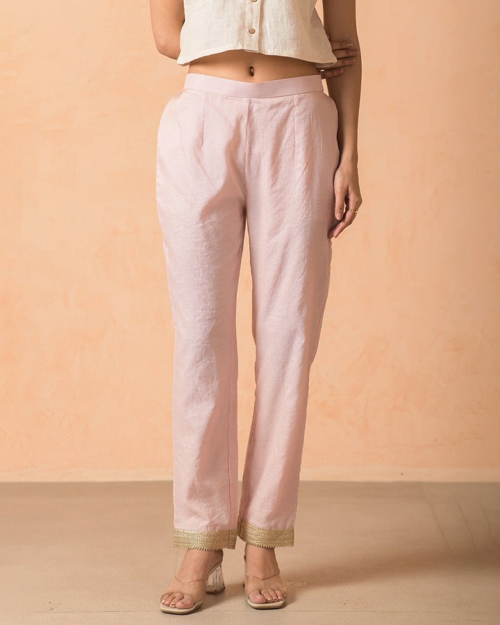 Arovi Pink Chanderi Solid Straight Pants