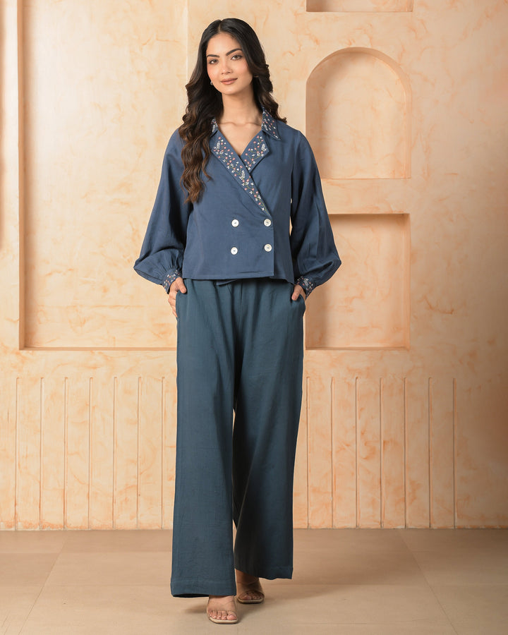 Sandstone Blue Cotton Satin Coord Set