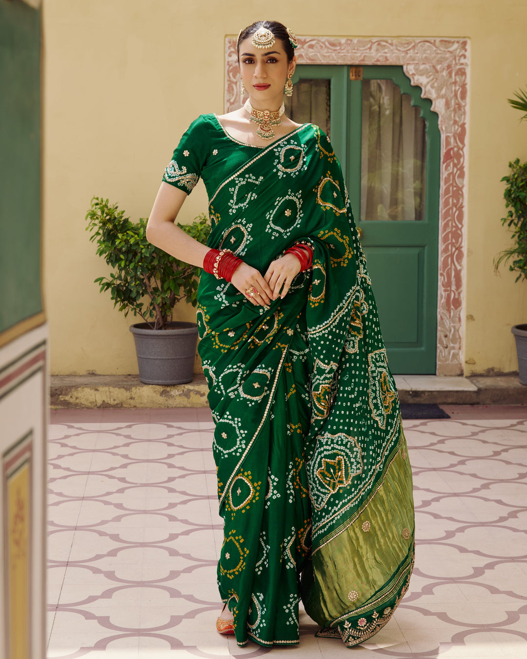Varsha Green Embroidered Kajol Bandhej Silk Saree