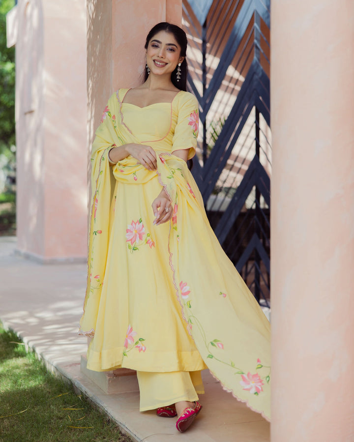 Aura Yellow Handpainted Chinon Suit Set