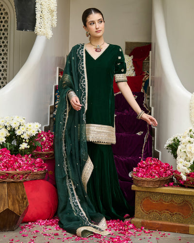 Nila Green Embroidered Velvet Sharara Set