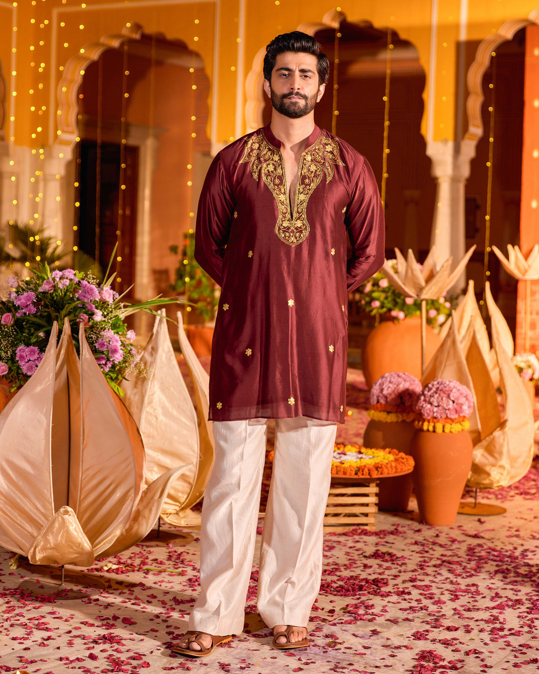Shreyas Maroon Chanderi Embroidered Kurta
