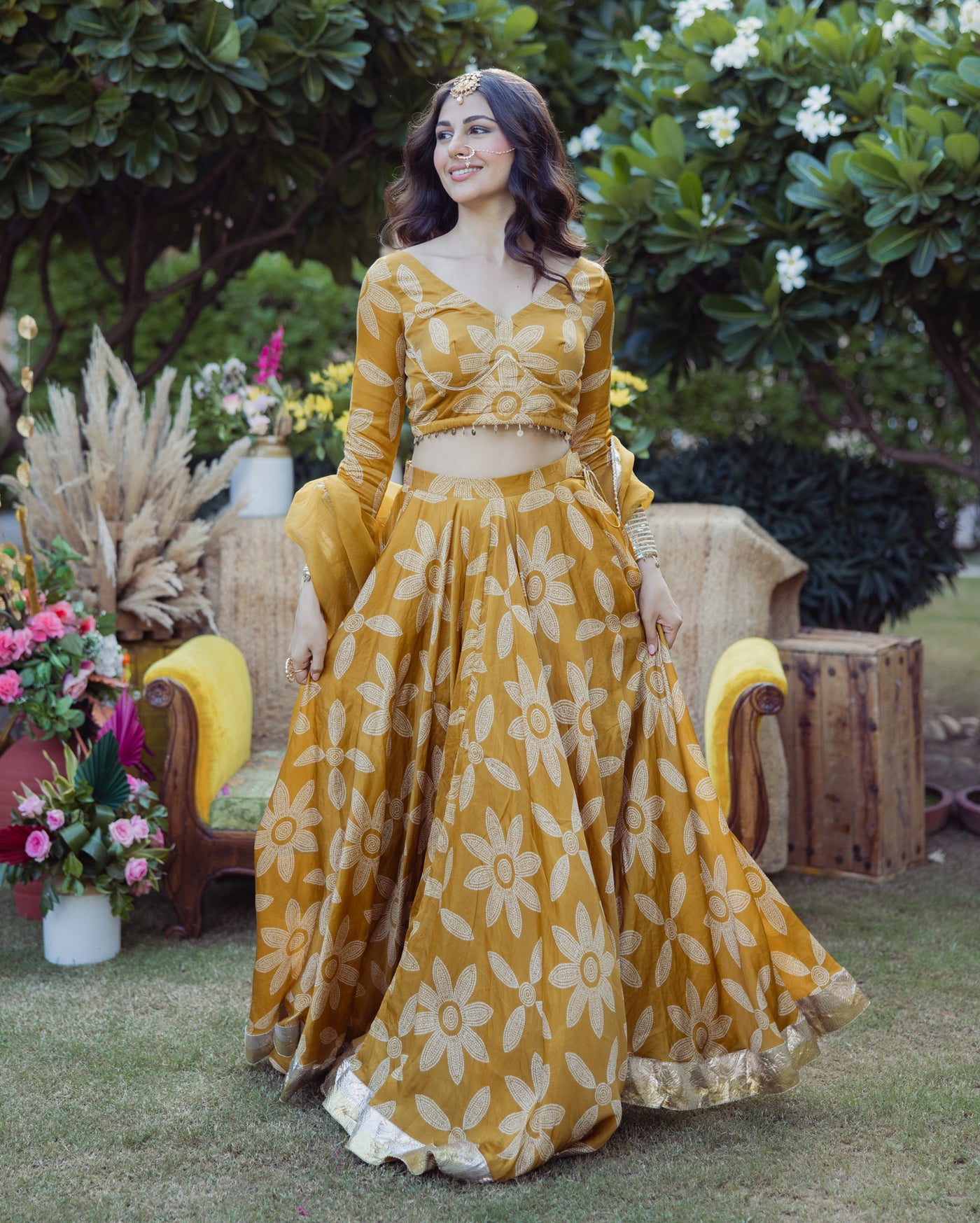 Tulsi Mustard Bandhani Satin Lehenga Set