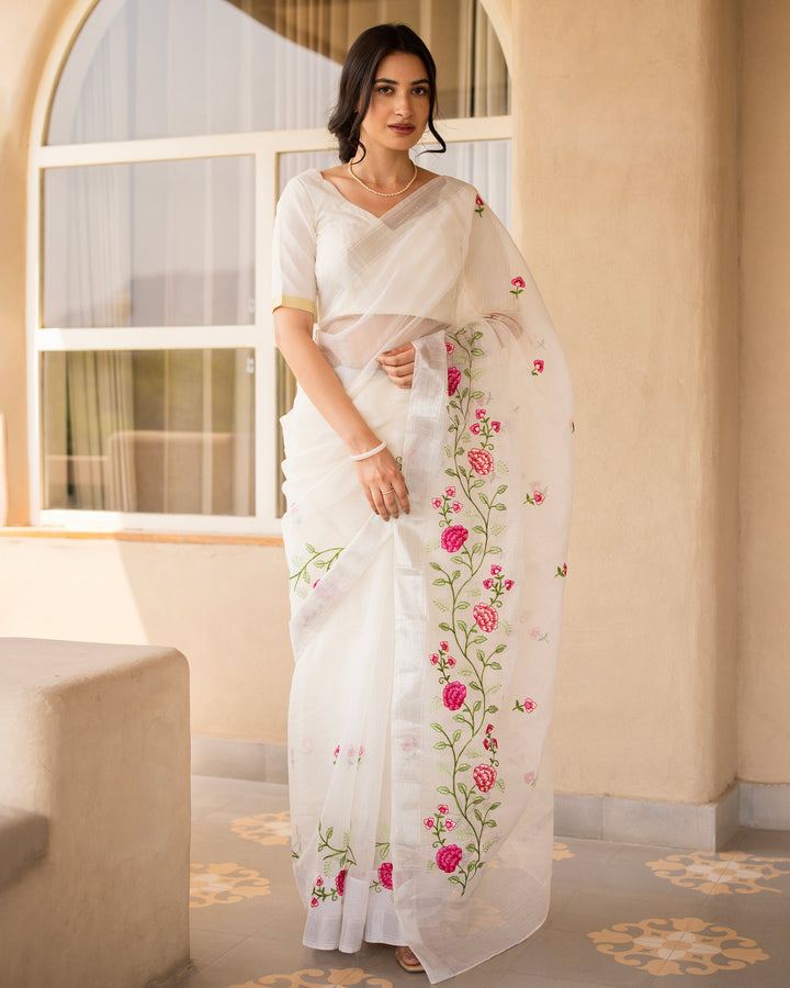 Safed White Doria Embroidered Saree