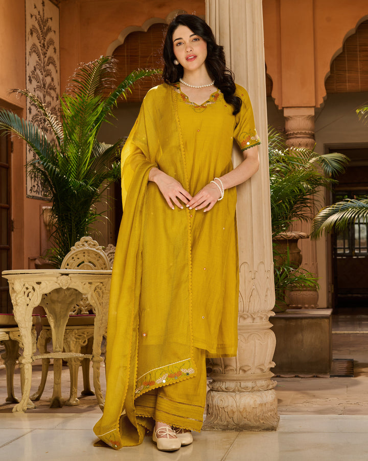 Saaz Mustard Embroidered Chanderi Suit Set