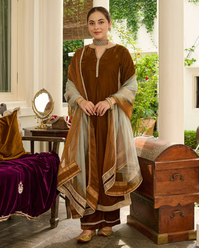 Shaili Mustard Solid Velvet Suit Set