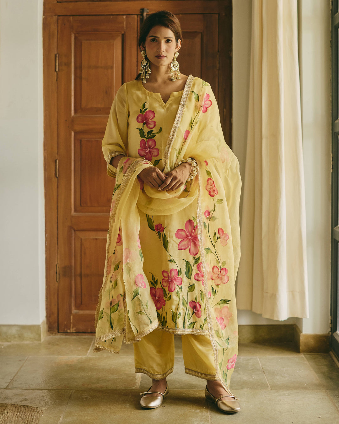 Varnaya Yellow Handpainted Viscose Organza Suit Set