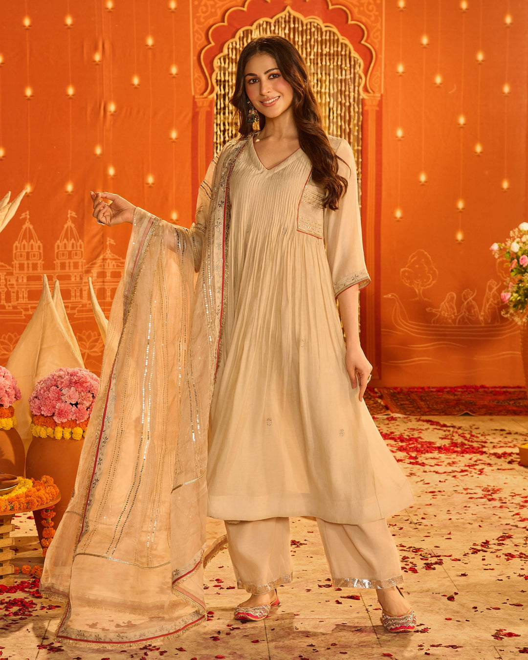 Jyotsna Beige Embroidered Chanderi Suit Set