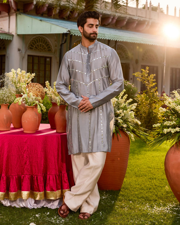 Padmesh Grey Chanderi Embroidered Kurta