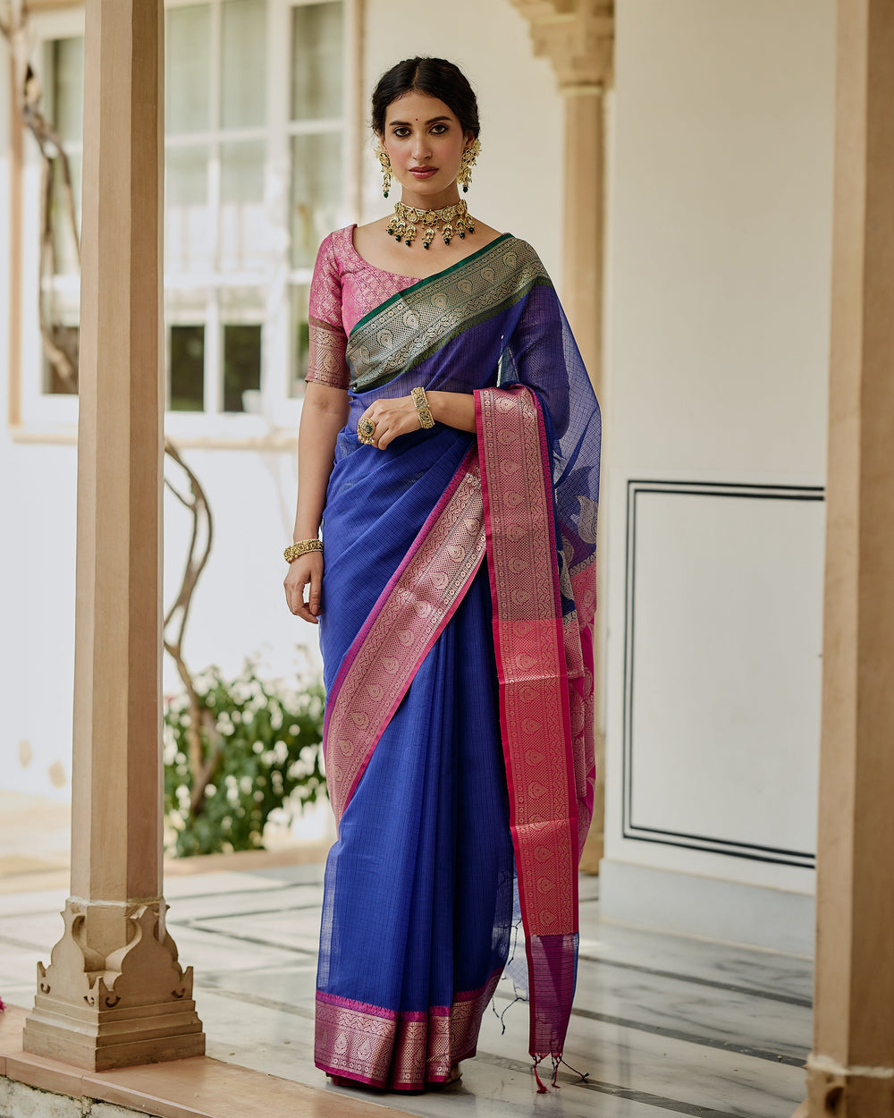 Regal Blue Pink Doria Butta Border Saree