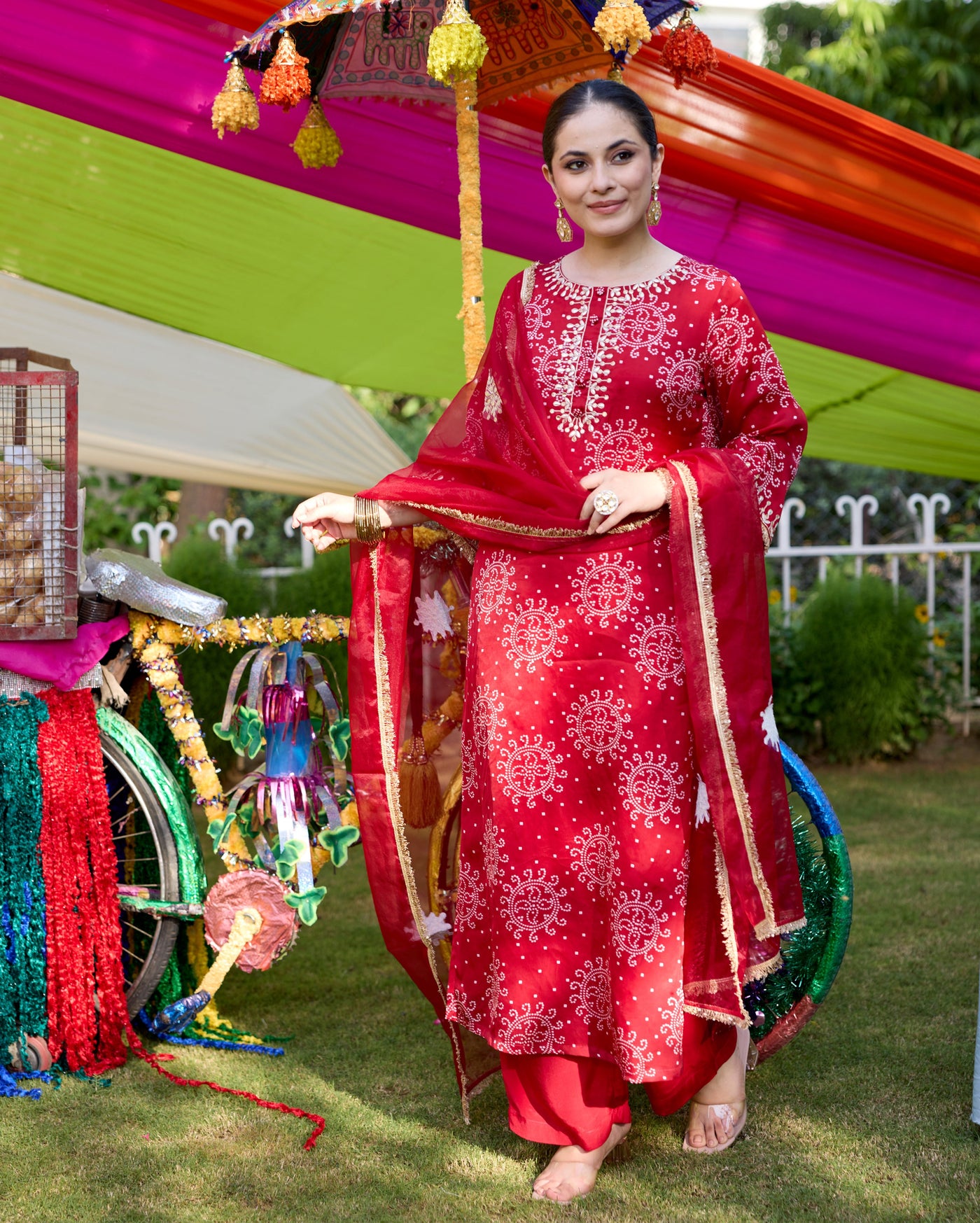 Vaidehi Maroon Bandhani Satin Suit Set