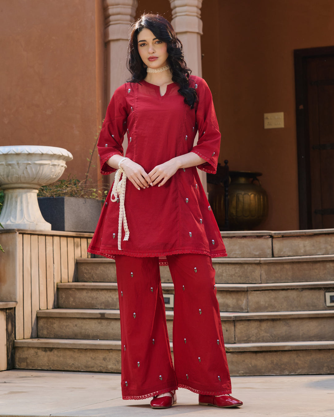 Sola Red Embroidered Doria Kurta Set