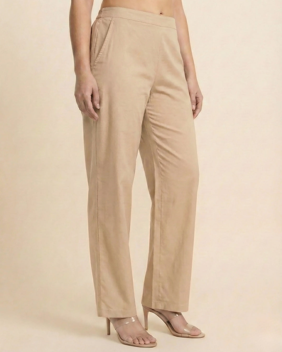 Ziva Beige Cotton Straight Pants