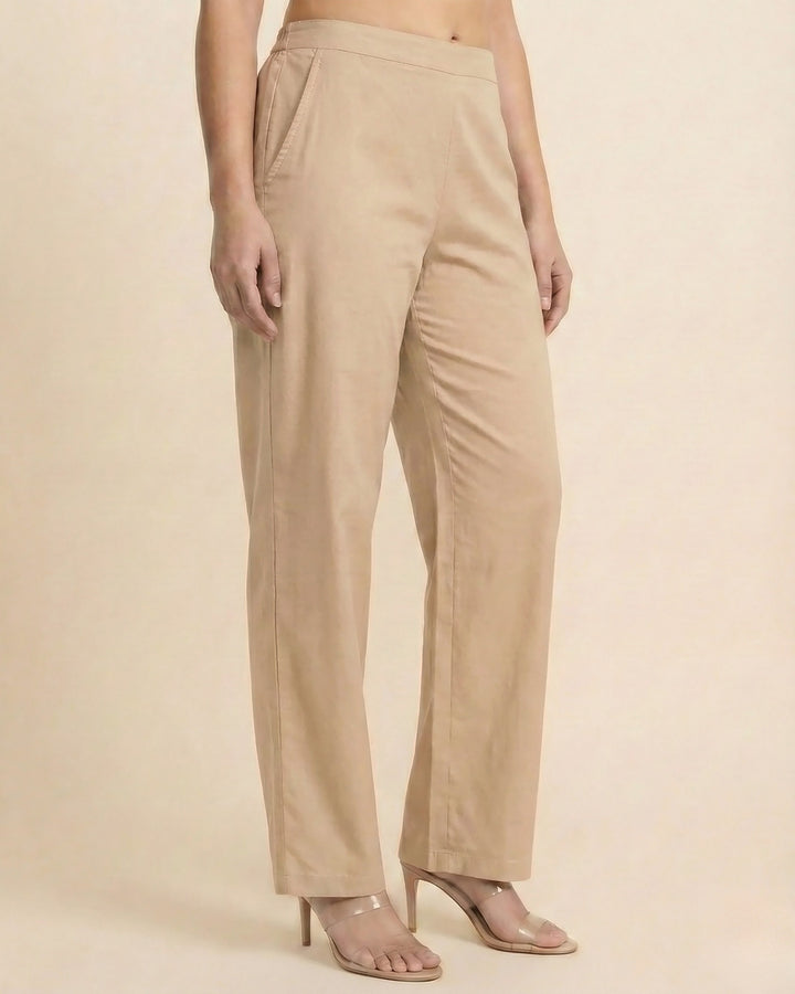 Ziva Beige Cotton Straight Pants