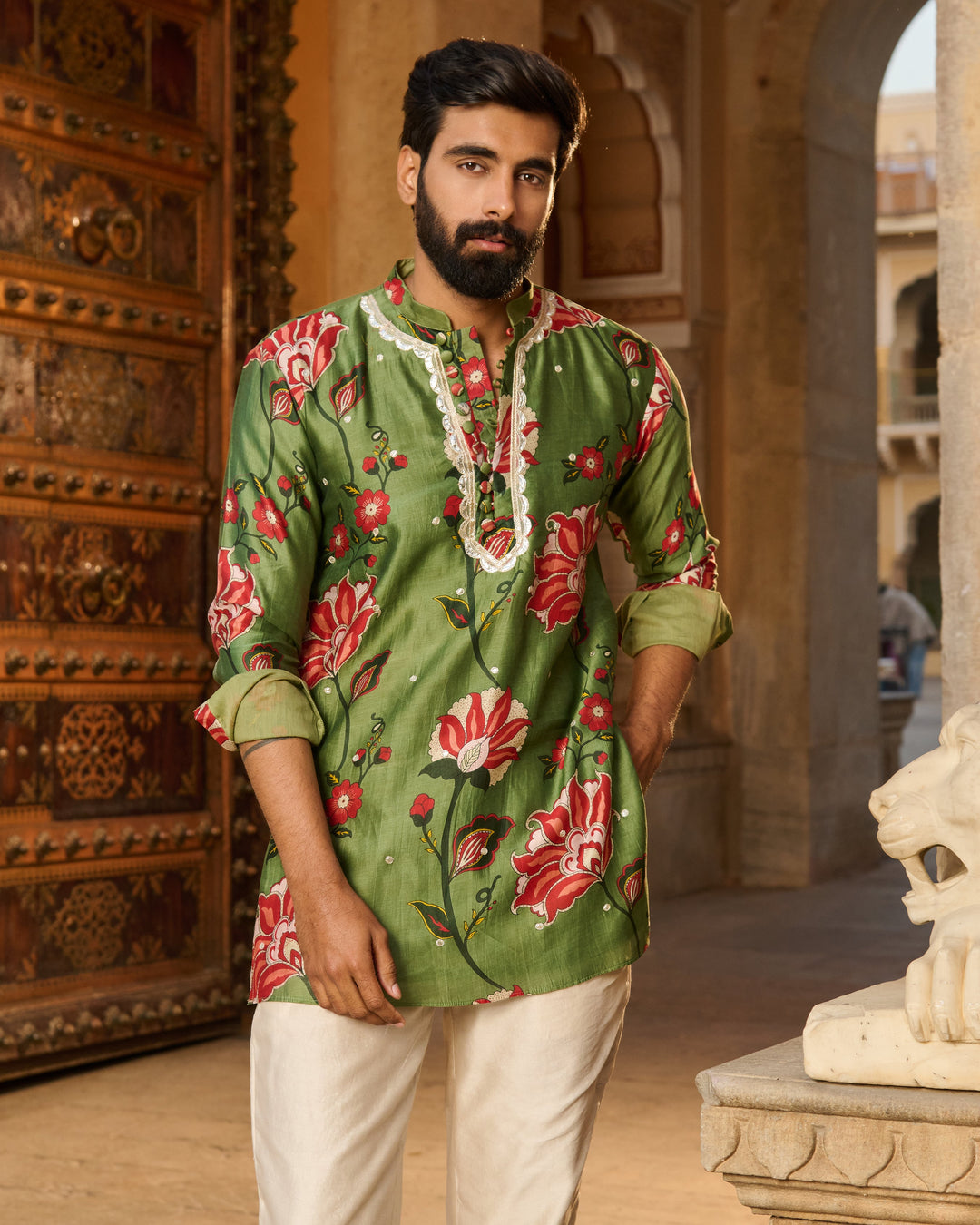 Ishaan Olive Printed Chanderi Kurta