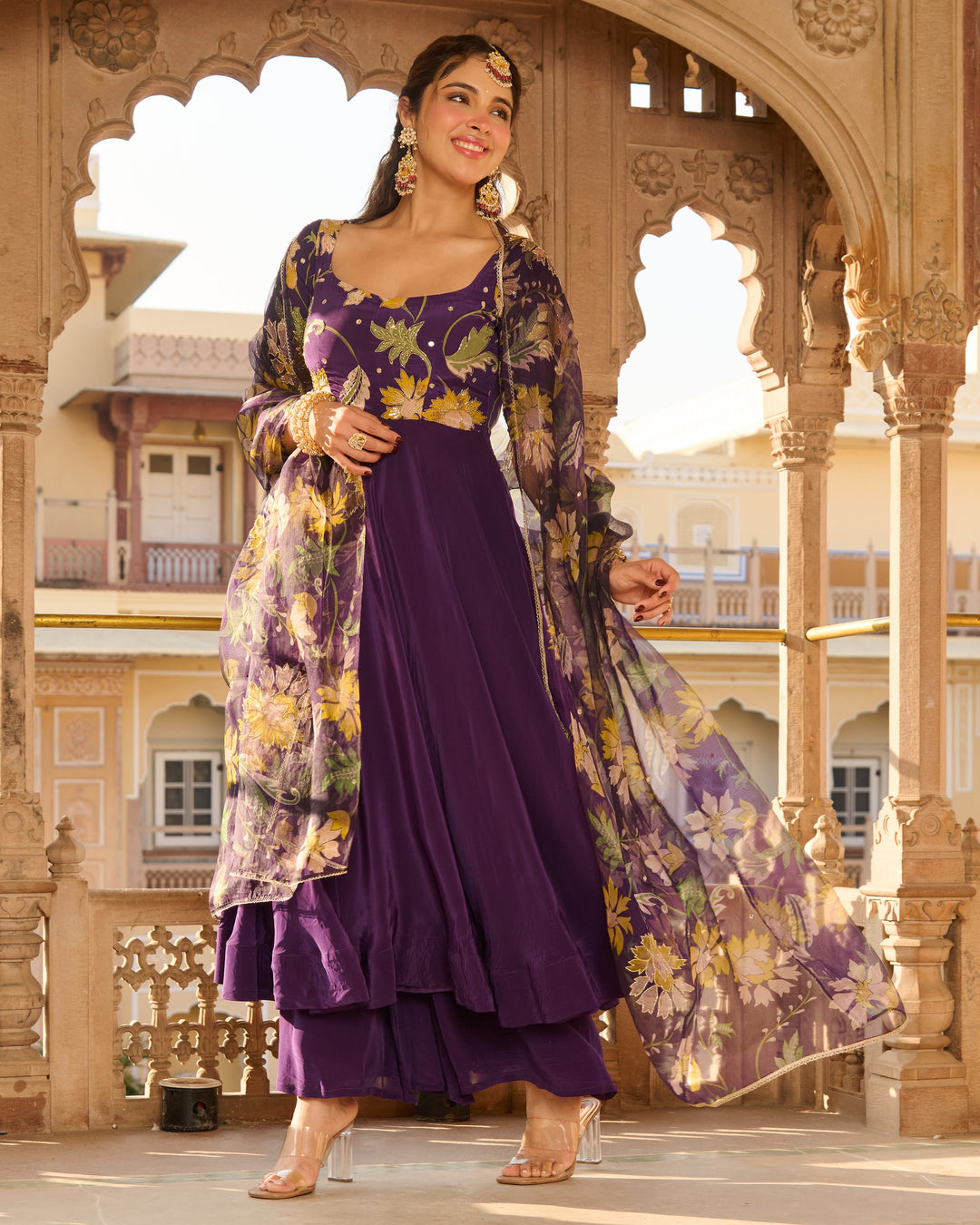 Anjula Purple Printed Crepe Suit Set
