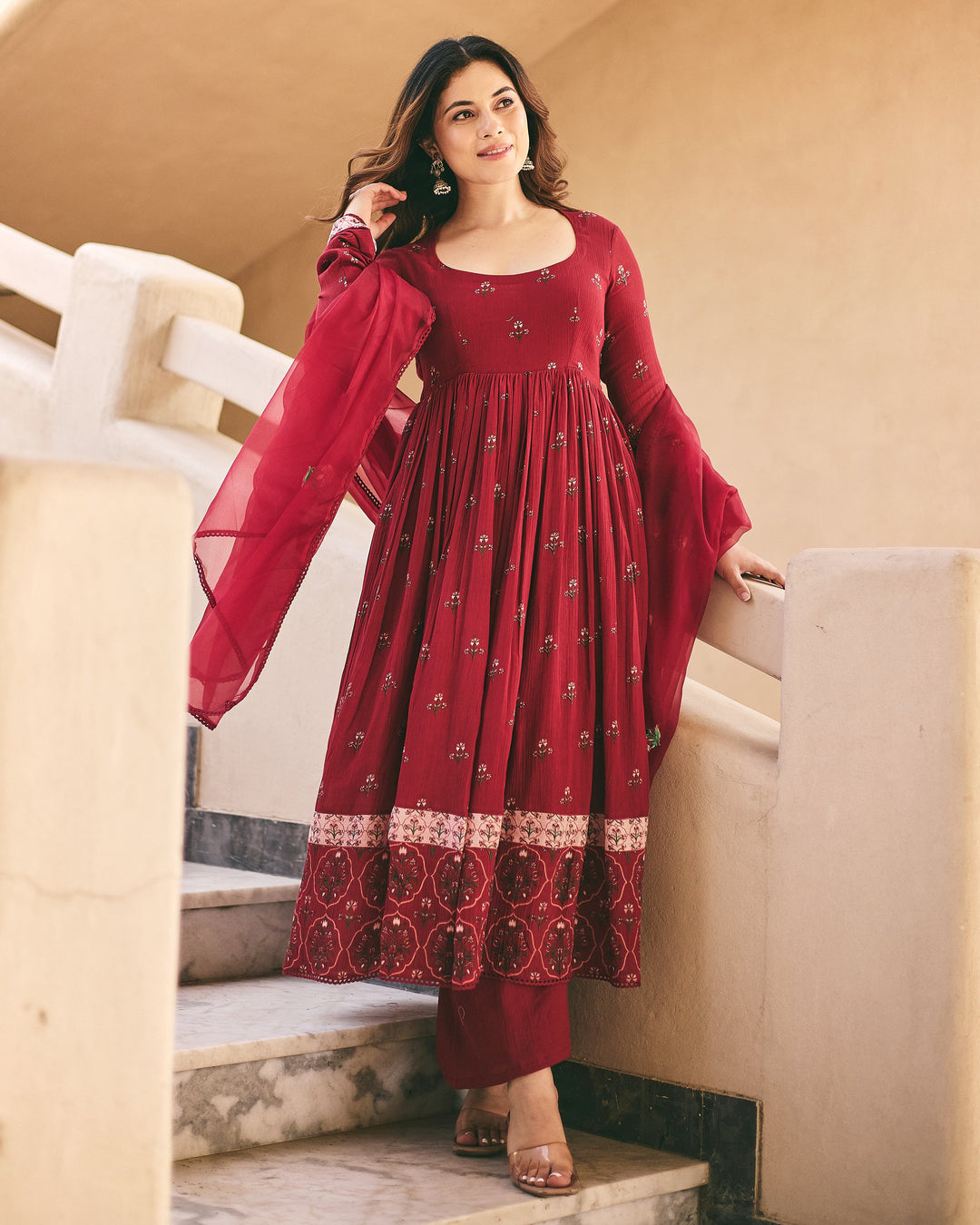 Sara Maroon Cotton Crush Printed Suit Set