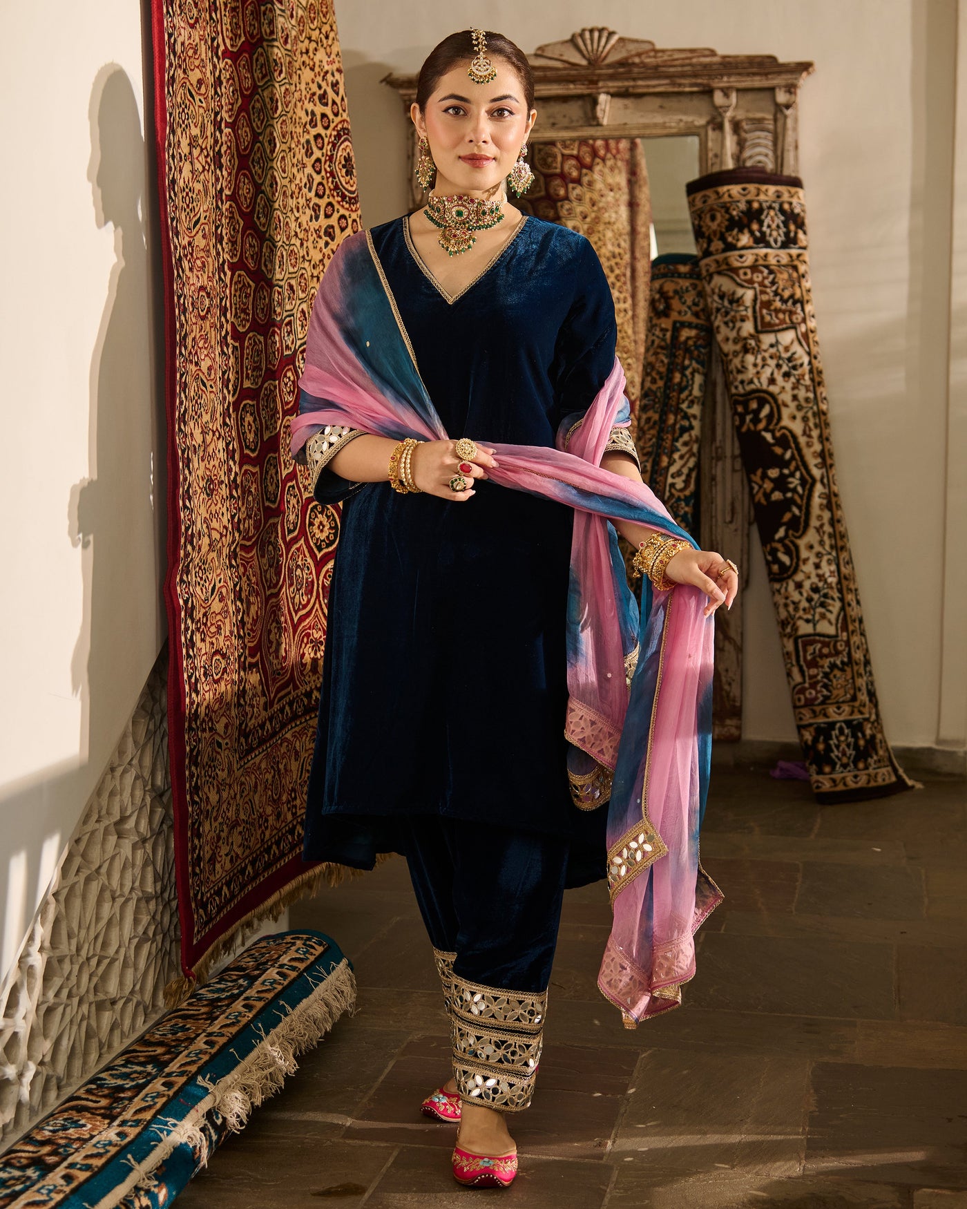 Amodini Blue Solid Velvet Suit Set