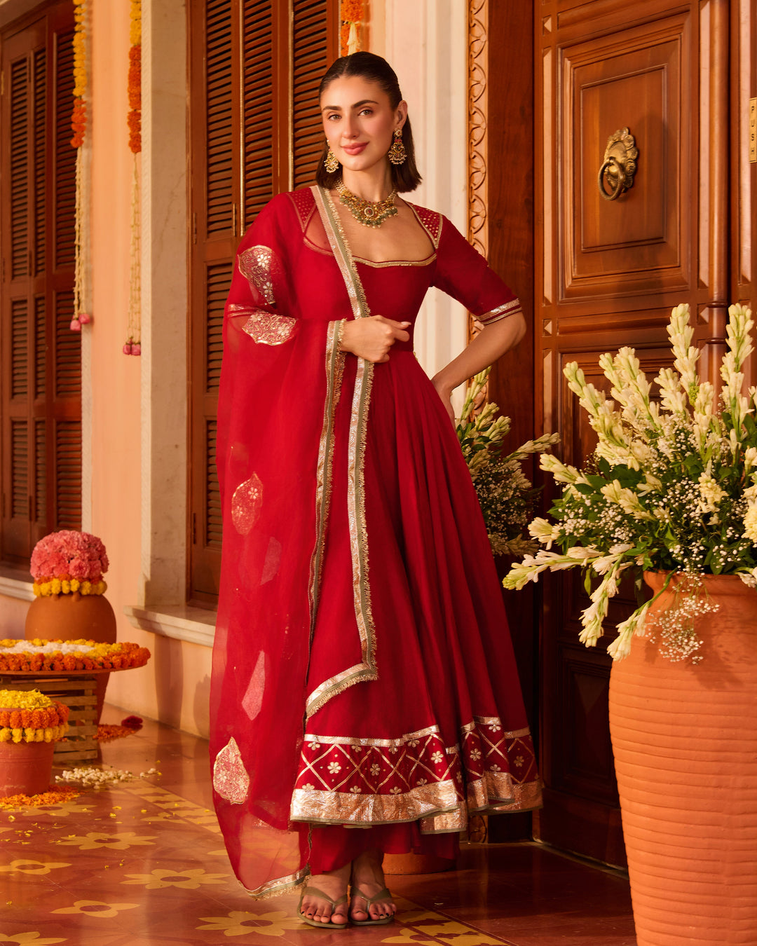 Karwa Red Embroidered Chanderi Suit Set