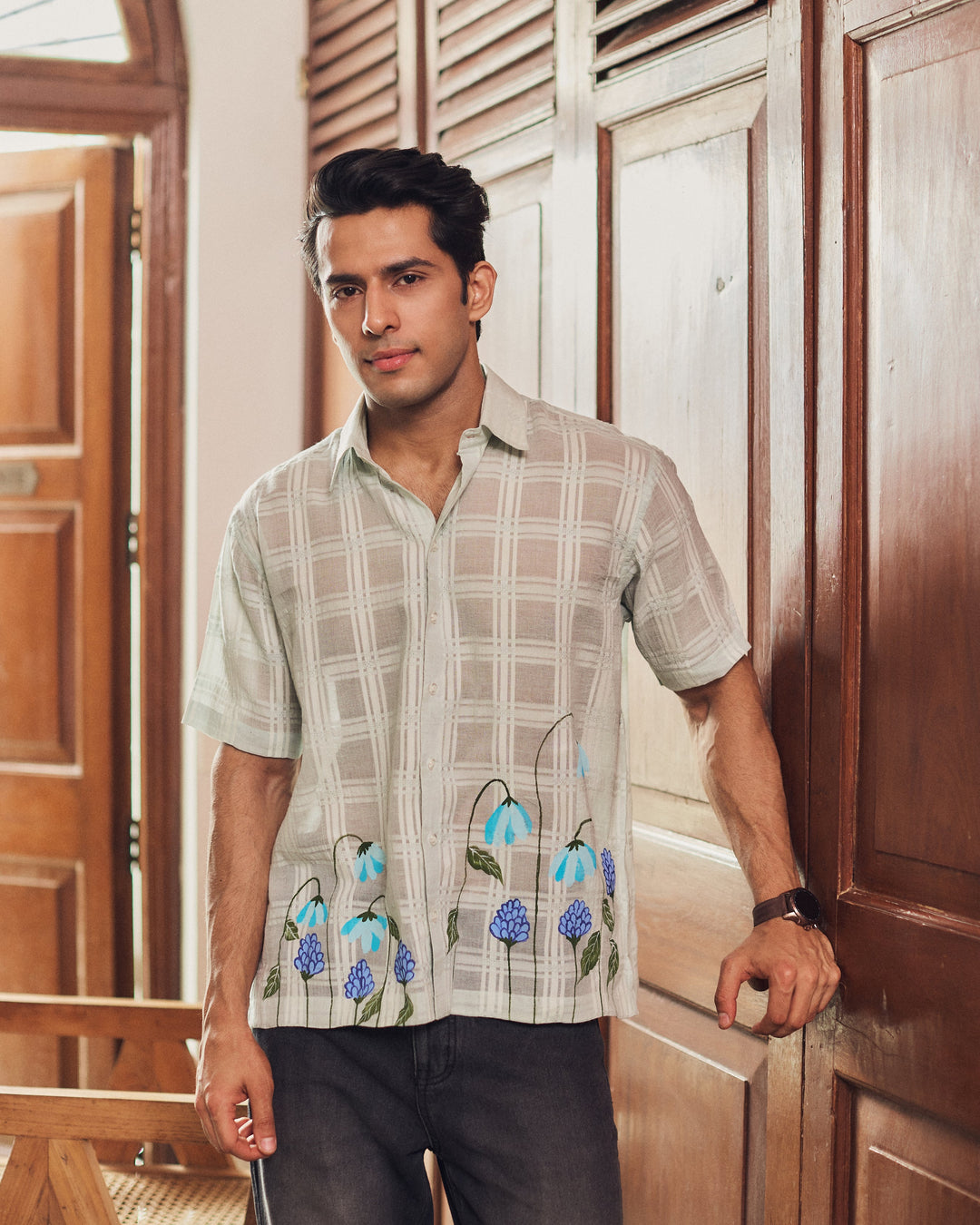 Shrey Light Blue Cotton Dobby Handpainted Shirt