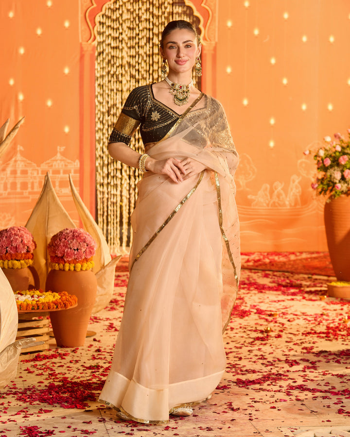Amaira Black Embroidered Satin Aangi Blouse And Saree