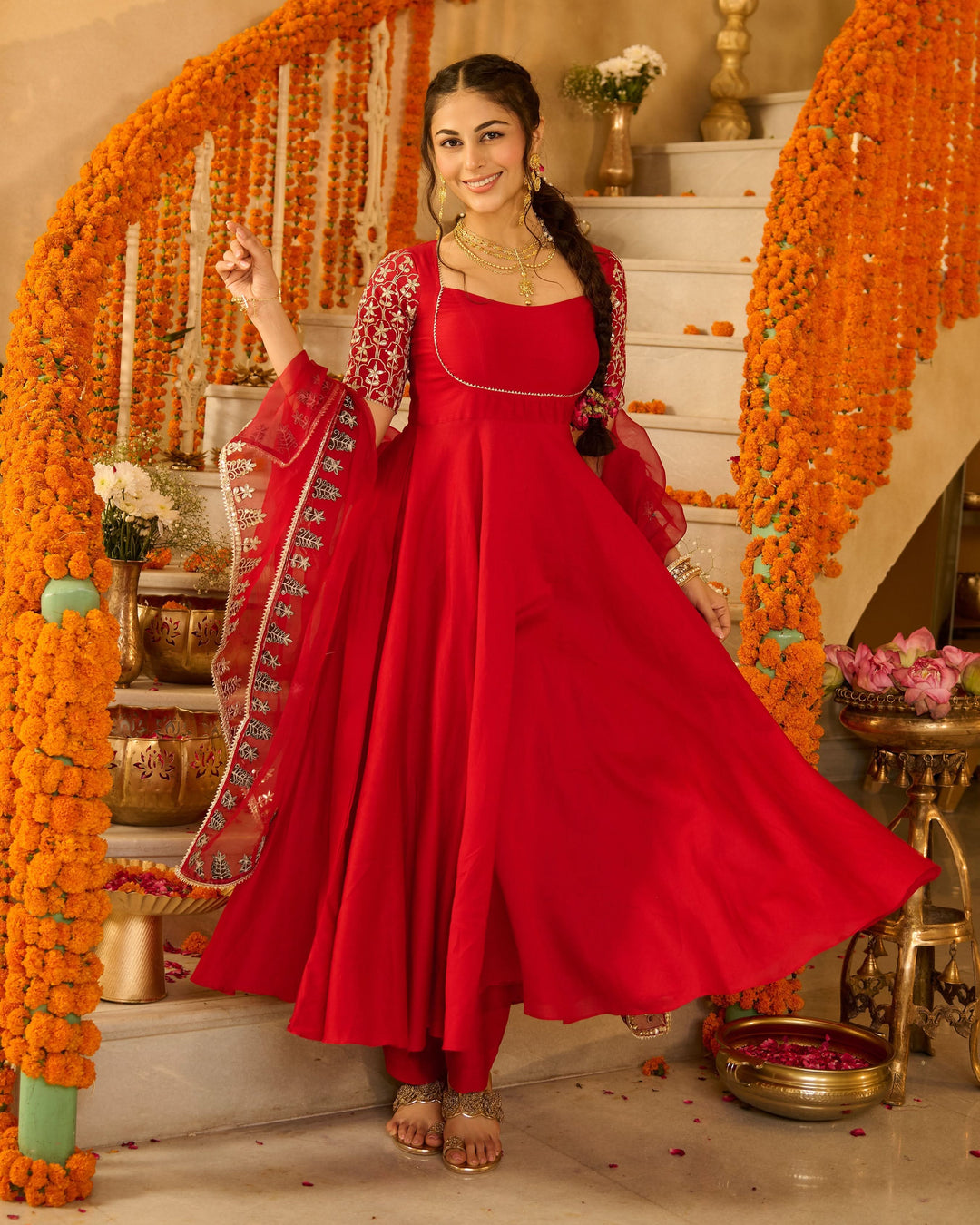 Roli Red Solid Chanderi Suit Set