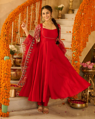 Roli Red Solid Chanderi Suit Set