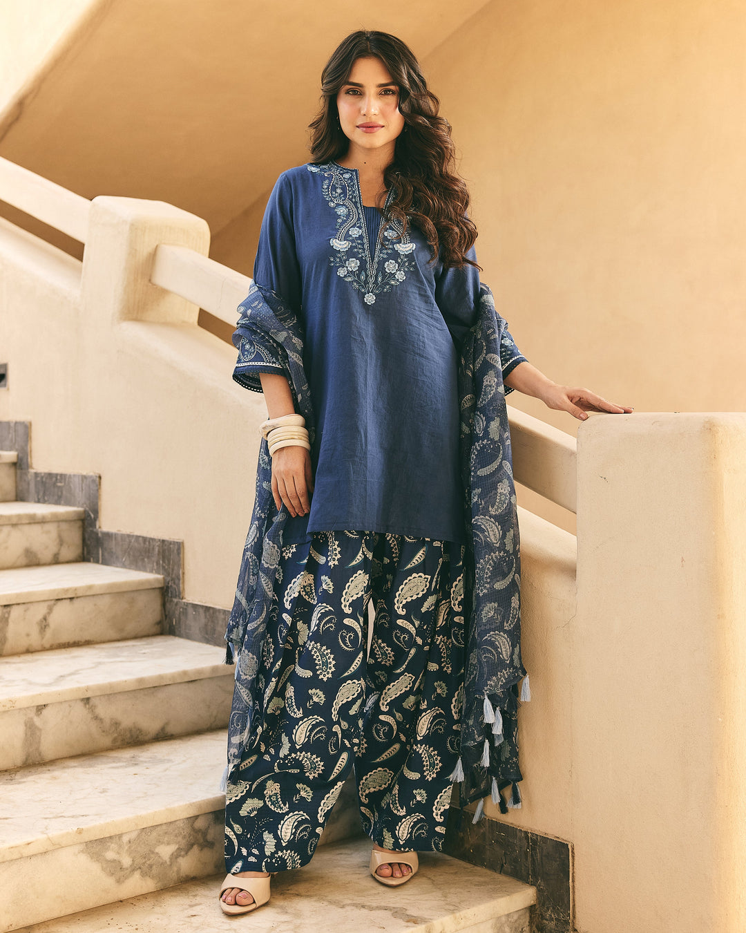 Nella Blue Cotton Printed Farsi Salwar Set