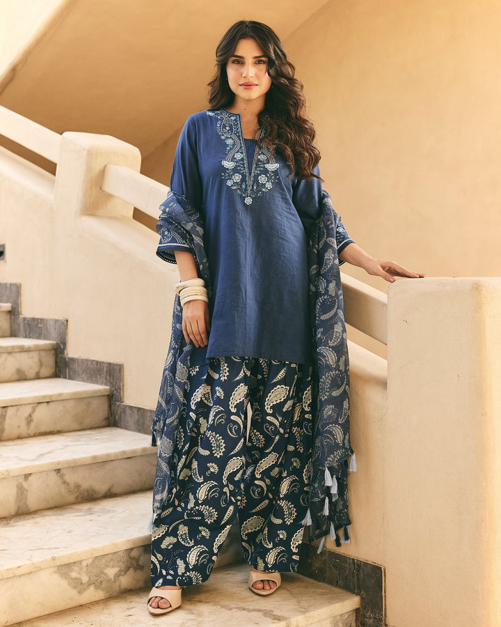 Nella Blue Cotton Printed Farsi Salwar Set