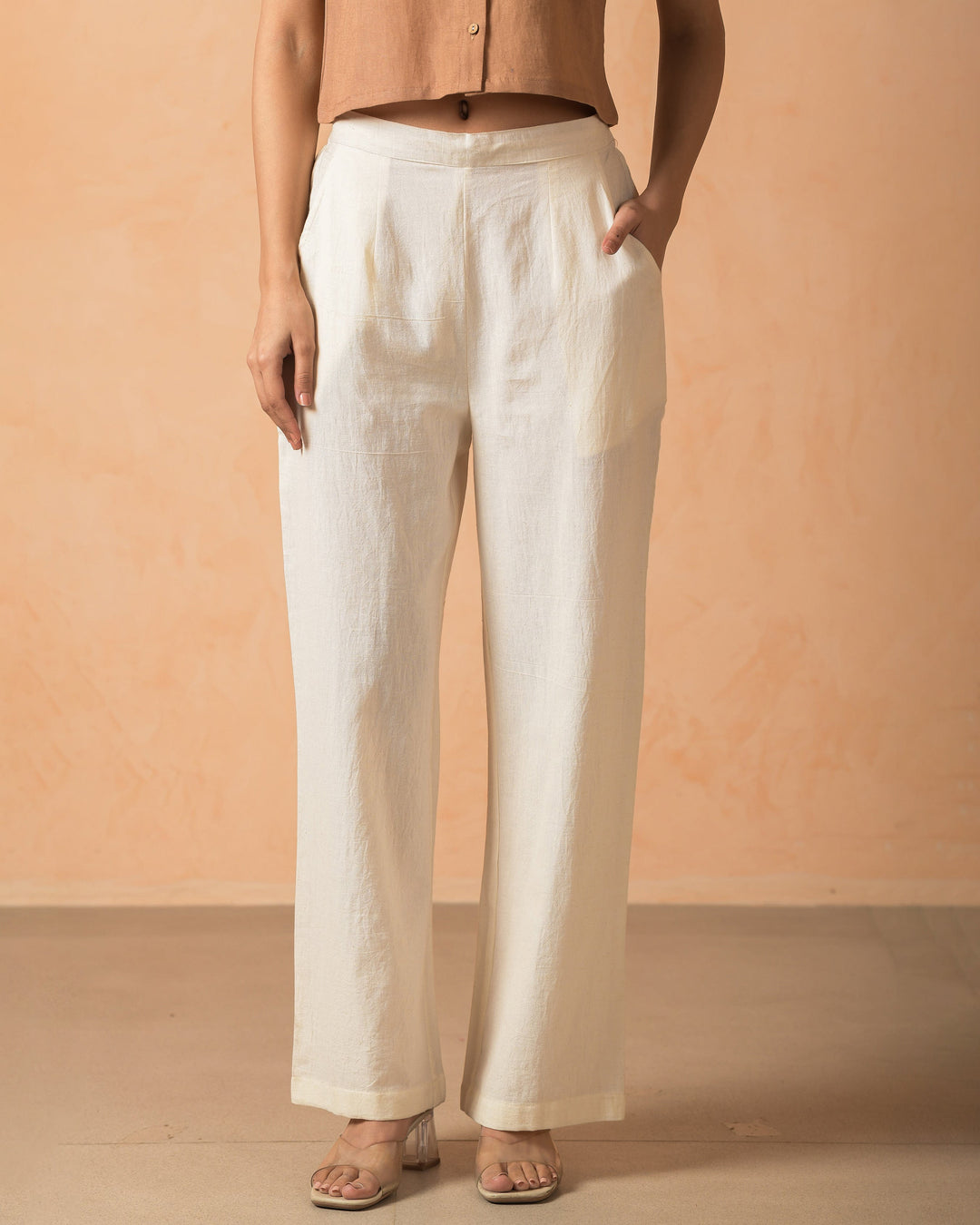 Yaira Cream Cotton Flex Solid Straight Pants
