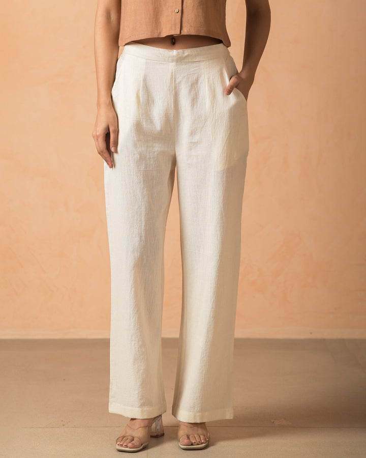 Yaira Cream Cotton Flex Solid Straight Pants