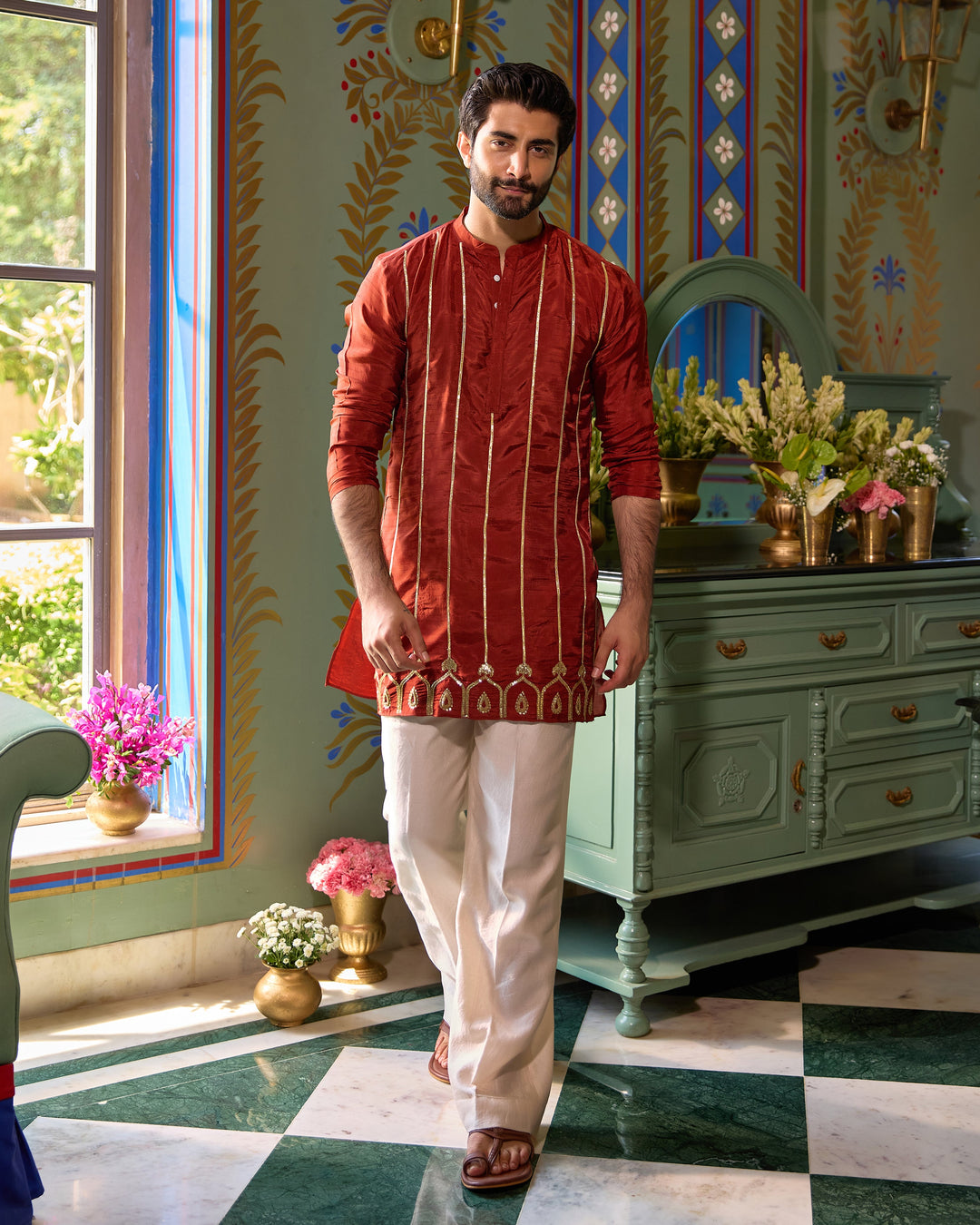Kaushik Rust Orange Silk Embroidered Kurta